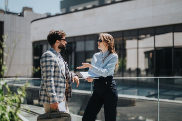 Professionals discussing a project outdoors, collaborating for business purposes in an urban...