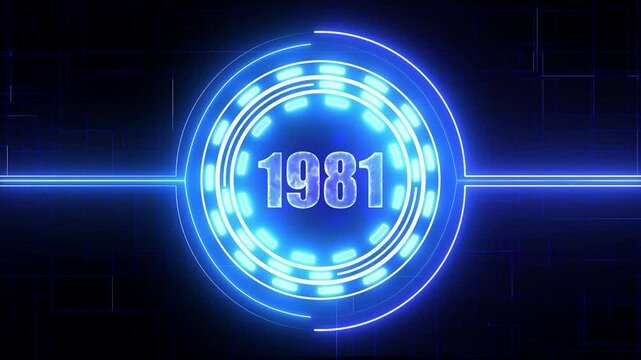 1981 text with screen effects of technological failures. Concept of counting years. Past year technology concept