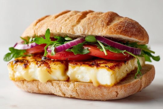 Seared halloumi sandwich with fresh vegetables on artisan bread against a clean white background