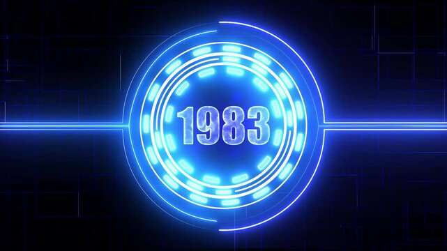 1983 text with screen effects of technological failures. Concept of counting years. Past year technology concept