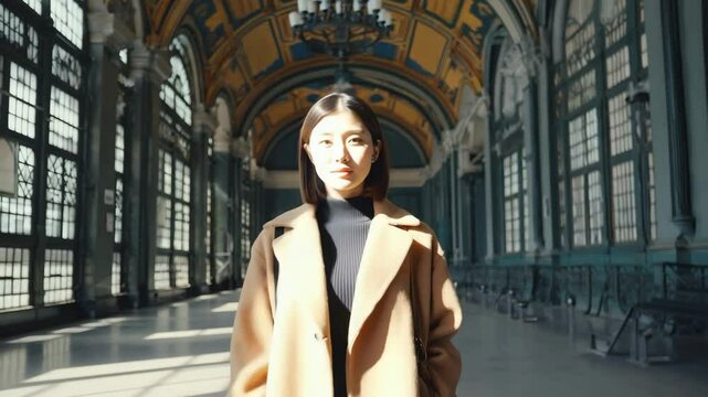 Confident young woman walking in historical building