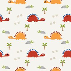 Dinosaur yellow and red cartoon so cute. On tree rock footprint background. Pattern seamless vector illustration. 