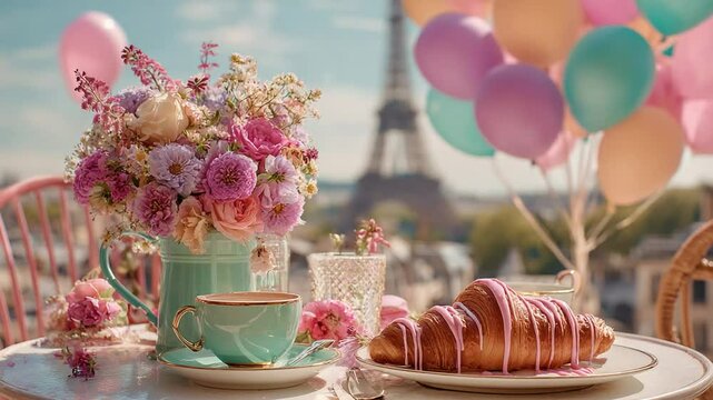 Enjoying a serene breakfast with croissant and flowers overlooking Paris and the Eiffel Tower