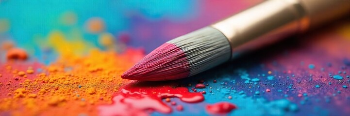 Fototapeta premium Vibrant Paintbrush Close-up Colorful Bristles Ready for Artistic Expression