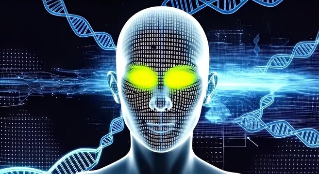 Digital human head with binary code and dna