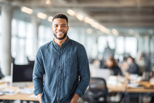 A confident young man smiles standing in a modern, open-plan office with blurred coworkers and desks in the background.
