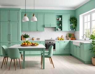 Bright and stylish kitchen interior featuring mint green cabinets, elegant pendant lighting, and a white tile backsplash. A matching dining table with chairs is set with fresh fruits, and large window