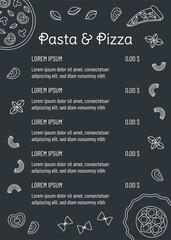 Pasta and pizza menu template with hand drawn outline food on dark blue background. Perfect for cafe flyer, restaurant brochure, delivery booklet