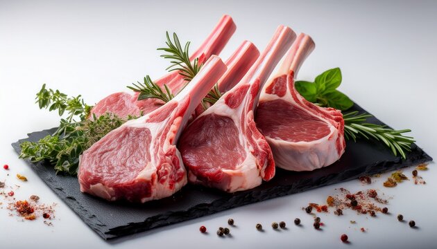 raw lamb chops are garnished with herbs and spices on a white surface showcase meat quality food preparation and healthy eating concepts