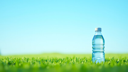 plastic bottle with clean water on the green grass
