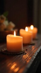 Warm Candlelight Glow on Dark Wood Peaceful Ambiance for Relaxation, Spa, and Meditation
