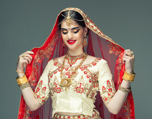 Young woman in Indian sari with traditional jewelry.