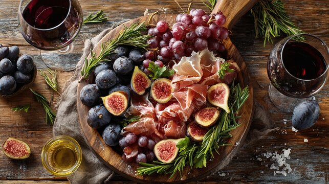 Flat lay of fig and prosciutto platter with grapes, rosemary, and wine glass on wooden table