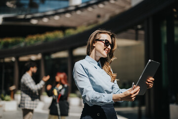 Confident businesswoman wearing sunglasses interacts with a tablet while standing outside,...