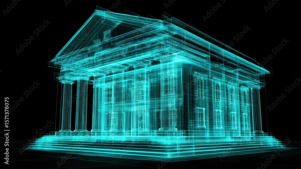 Poster an ethereal wireframe model of a bank building glowing in striking turquoise hues representing the e