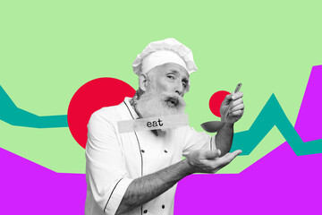 Composite zine pop trend collage of happy girl guy hold macaron burger sausage pineapple soup spoon nutrition dinner yummy food