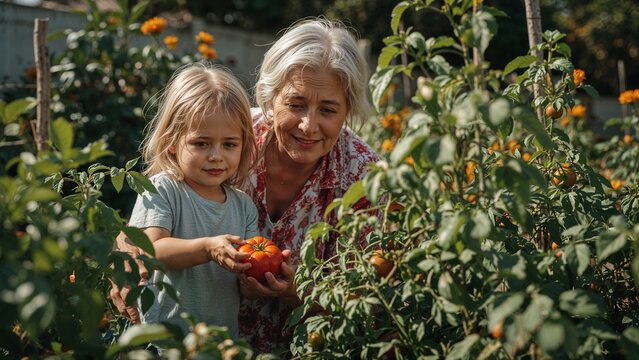 Grandmother and granddaughter harvesting tomatoes in a lush garden on a sunny day outdoors