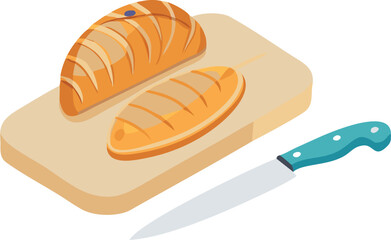A detailed cutting board with a freshly sliced loaf of bread, symbolizing home cooking.
