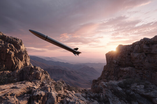 A rocket is flying through the sky above a rocky mountain range
