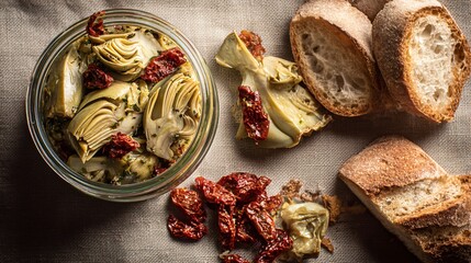 Flat lay of marinated artichokes, ciabatta slices, and sun-dried tomatoes on neutral napkin