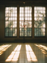 Empty gym, sunlight through large windows