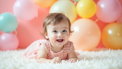Fototapeta premium happy one-year-old child on the background of festive balloons