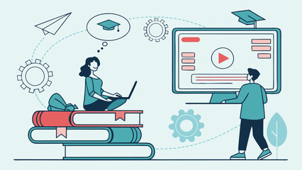 Virtual Classroom and Online Learning Environment with Video Lessons and Educational Tools – Flat Vector Illustration