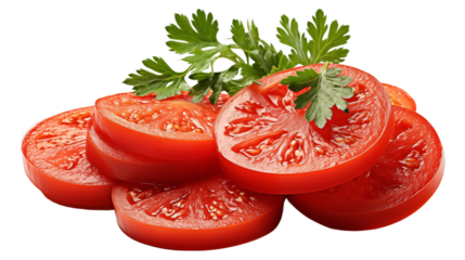Fresh tomato slices and parsley, vibrant red, offering a healthy culinary ingredient ready for cooking and salads, transparent background.