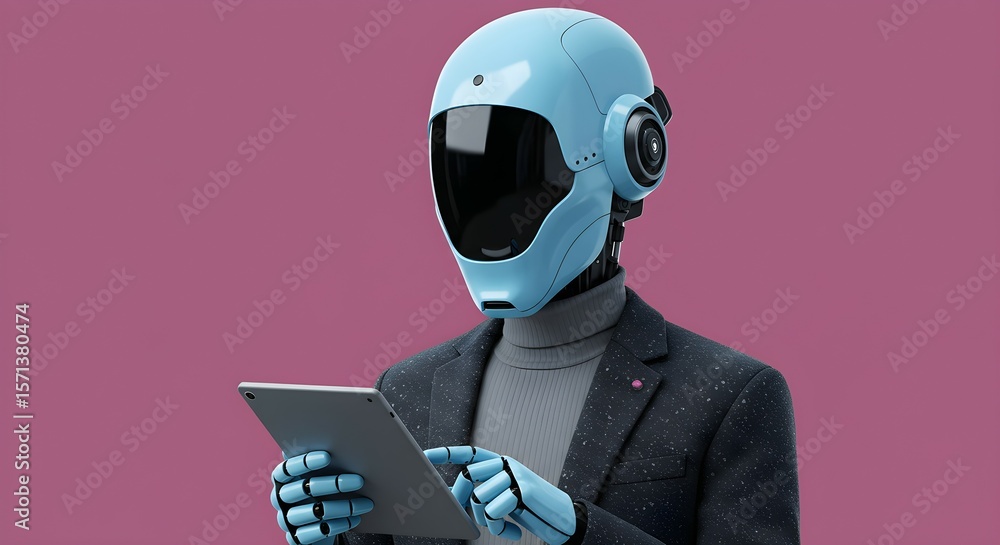 Poster robot professional holding a tablet computer. artificial intelligence concept for technology, future