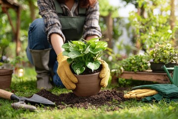 A young lady sitting peacefully in her garden, planting a sapling with gardening tools in hand, surrounded by lush greenery and sunshine, showing love and care for nature and the earth