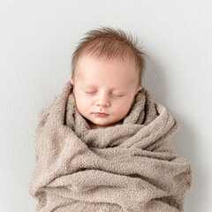 A peaceful newborn baby wrapped snugly in a soft beige blanket, sleeping on a textured white surface.