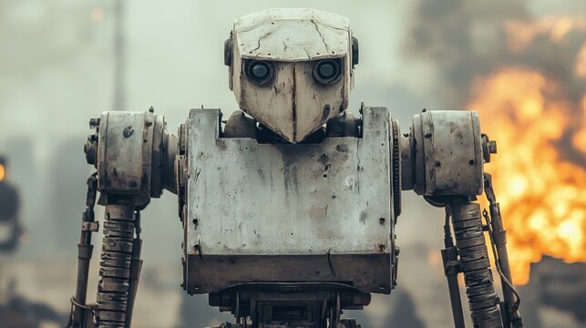 A worn, humanoid robot stands in a smoky, fiery environment, evoking a scene of chaos or battle.