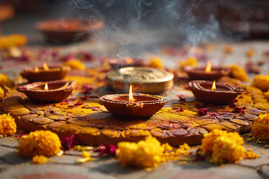 Multiple clay diyas arranged in a symmetrical circular mandala pattern on the temple courtyard floor, central brass diya glowing brightly, surrounded by fresh flower garlands