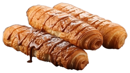 Delicious chocolate eclairs adorned with caramel and icing sugar create a tempting dessert food presentation, transparent background.