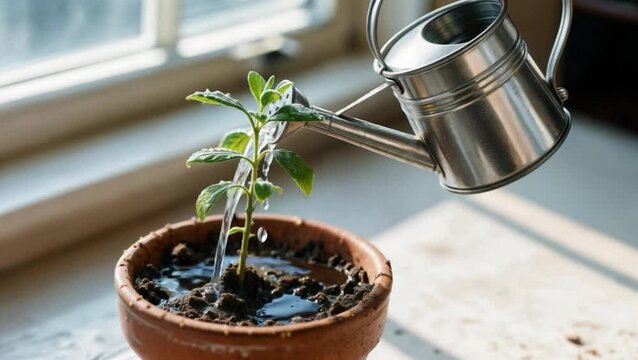 Una mano sostiene una regadera de metal sobre una pequeña planta en una maceta de terracota