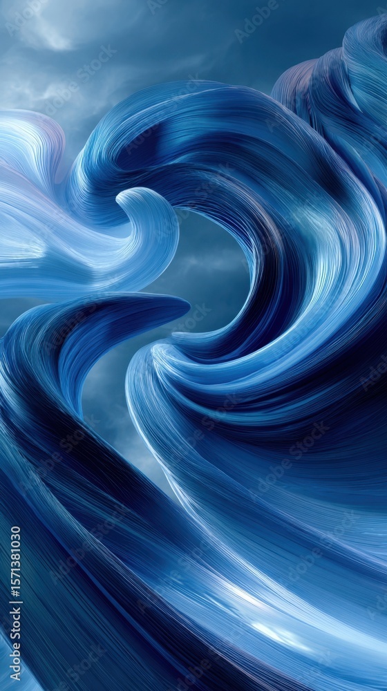 Poster striking shades of indigo and sky blue swirl dramatically in this abstract composition emphasizing d