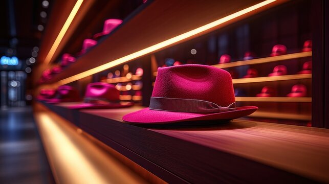 Elegant pink fedora in a modern hat shop