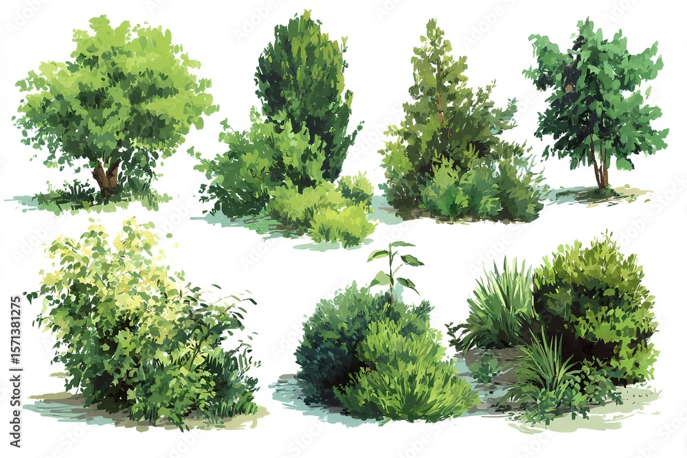 Poster set of different types of trees and bushes