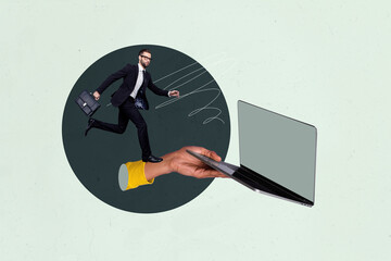 Composite 3d art pop image collage of happy businessman businesswoman stand laptop device...