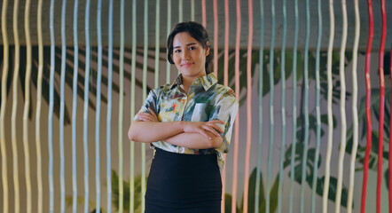 Happy young adult gen z proud ceo women intern lady cross arms look camera indoor office place....