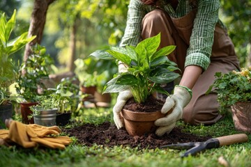 Full-body photo showing a woman focused on planting an oxygen plant into a terracotta pot using gloves and trowel, garden tools spread around
