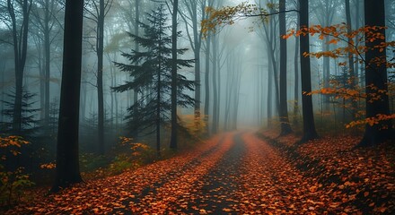 Mystical autumn forest path with fog and fallen leaves creating a serene scene
