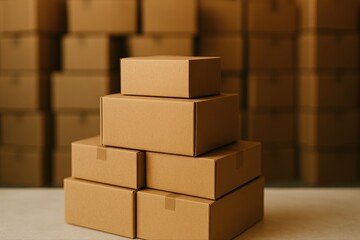 Obraz premium Stack of brown cardboard boxes on table.