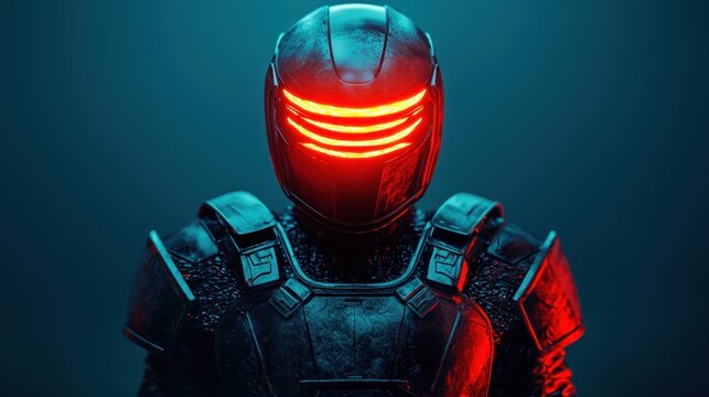 Futuristic armored figure with glowing red visor stands against a dark, moody background. - Powered by Adobe