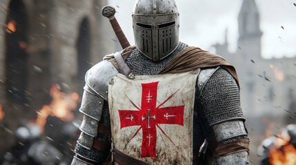 A medieval knight in armor stands with a sword, wearing a tunic featuring a red cross, amidst a dramatic battlefield scene.