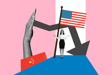 Sketch image composite 3D photo collage of young woman stand america flag china hand hold arrow...