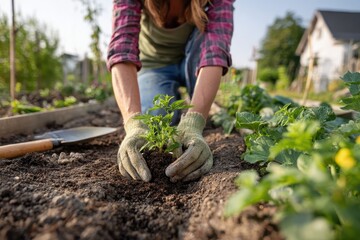 Bright natural garden scene with a woman planting a leafy oxygen plant into a clay pot, full-body photo showing casual garden clothes and clean tools placed nearby
