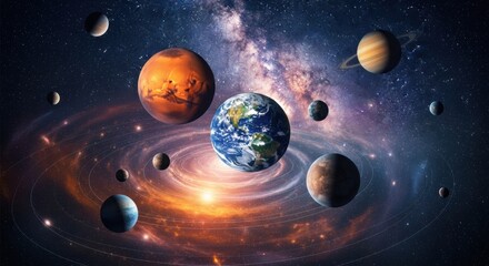 An epic composite image of the Solar System with Earth and Mars at the forefront, orbiting within the majestic sweep of the Milky Way galaxy.