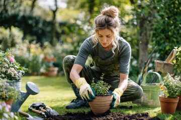Full-body view of a young female gardener planting an oxygen plant in a pot using her gardening kit, including gloves, pruners, watering can, and trowel on fresh soil