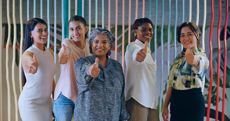 Indian happy active woman lady expert group show thumps up do hand sign look cam make pose at job...